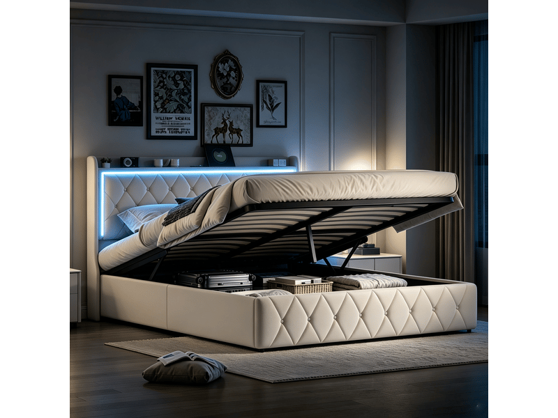 Lit coffre 140x190 avec led et usb, lit 2 places avec rangement lit double rembourré avec tête de lit capitonné lit hydraulique avec sommier à lattes lit 2 personnes beige velours, sans matelas - Conforama B