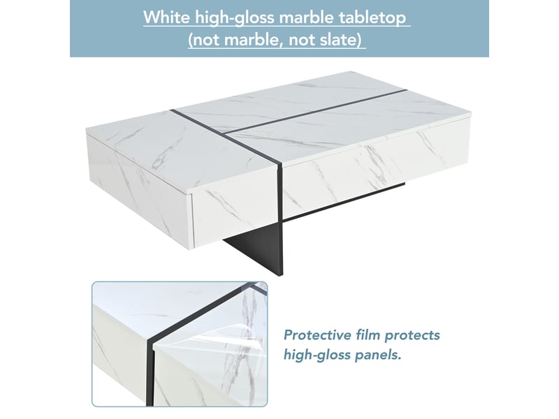  Table basse moderne avec led - blanc - motif marbre - plateau brillant - 3 tiroirs 105x60x35cm - Conforama B