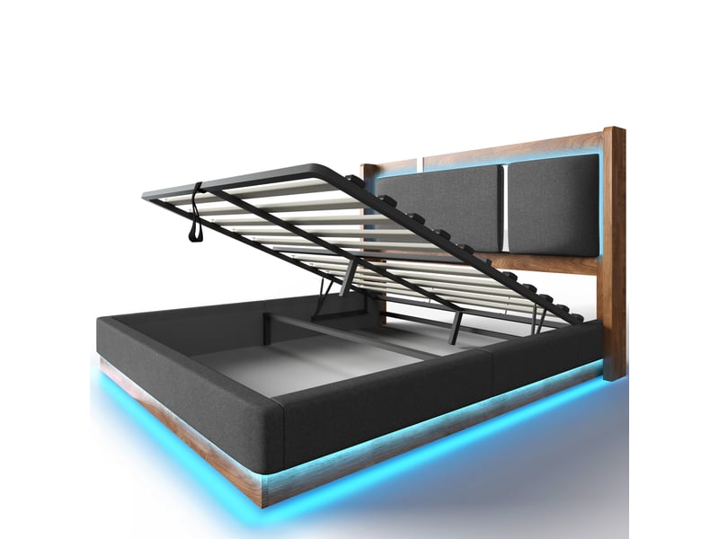  Lit coffre 160x200 cm en lin gris finition noyer avec led, sommier et coffre  - Conforama R