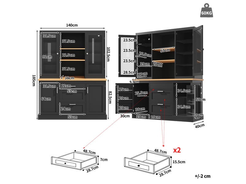  Rayofi buffet de cuisine 140 x 40 x 185 cm - 3 tiroirs, étagères réglables, plan de travail, led rgb contrôlables par application, noir  - Conforama W