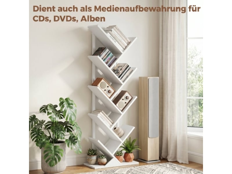  Bibliothèque arbre 9 niveaux, cadre en acier, rangement cddvd, blanc, style industriel  - Conforama B