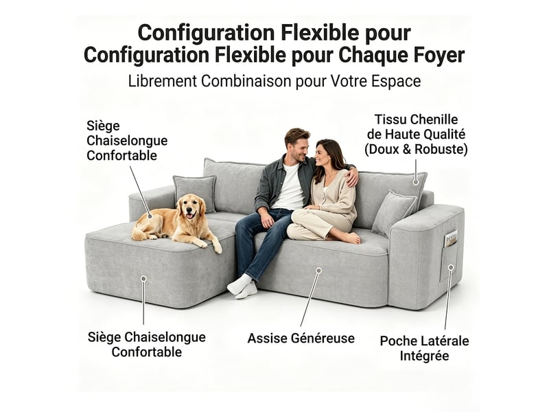 Canapé d'angle en l modulable avec méridienne 262 cm assise profonde sans montage - Conforama R