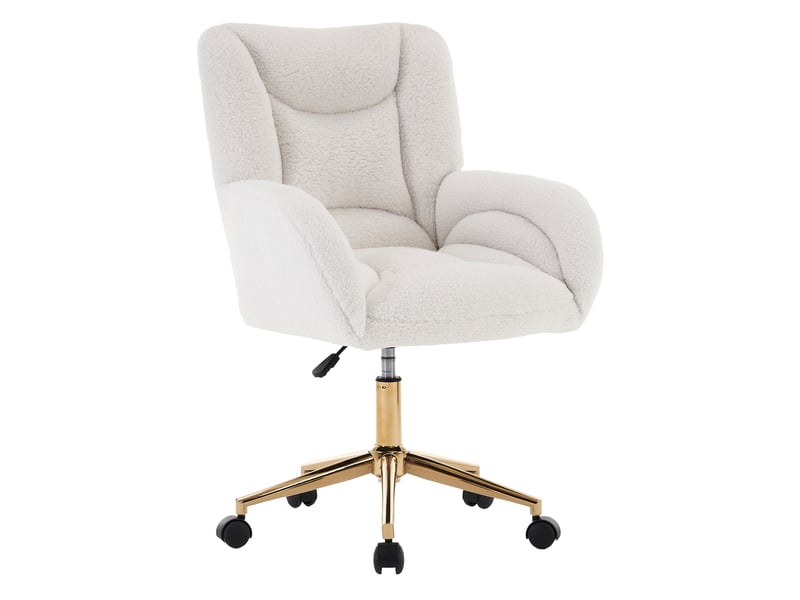  Chaise de bureau pivotante à hauteur réglable avec roulettes, dossier ergonomique et finition luxueuse en teddy, blanc  - Conforama A