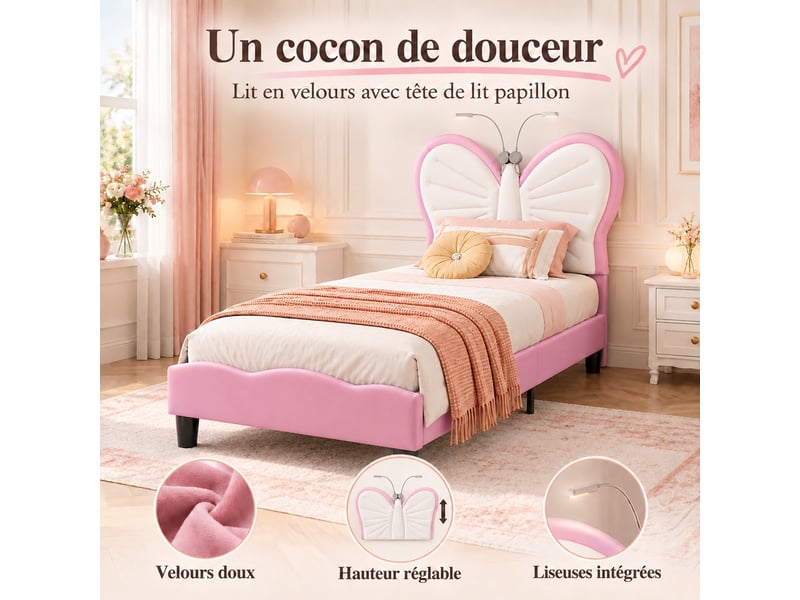  Lit enfant 90x190 cm en velours, lit simple rembourré avec liseuses intégrées, lit princesse papillon pour fille avec sommier à lattes, tête de lit réglable en hauteur, rose  - Conforama W