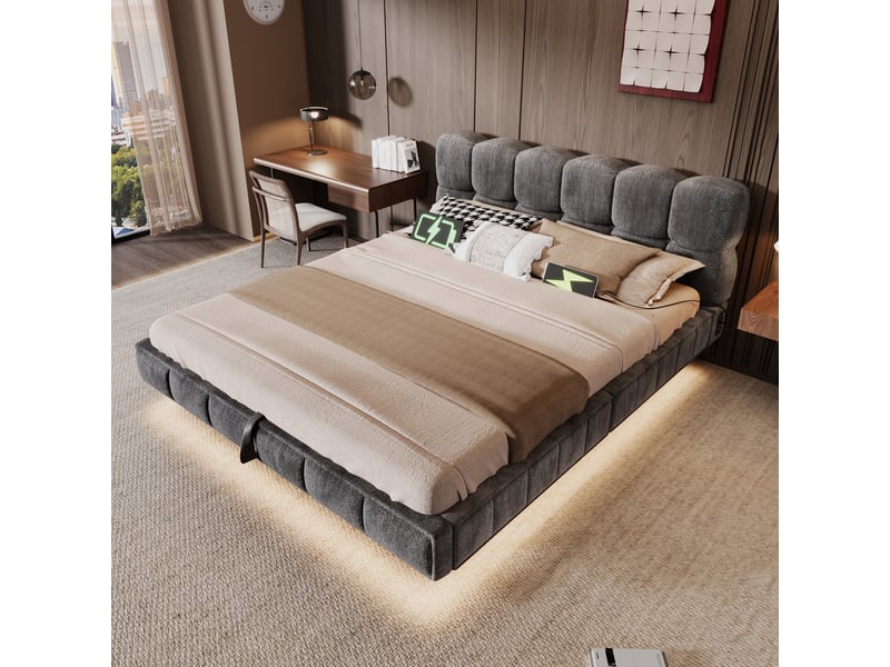  Lit coffre hydraulique 140x200 cm avec led, usb-c, tête de lit capitonnée design nuage, lit double en chenille avec rangement - gris  - Conforama D