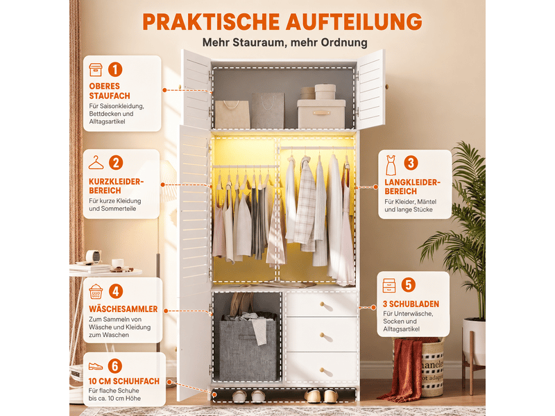 Armoire blanche avec panier à linge intégré, éclairage led, 3 tiroirs, 90x50x200 cm, panneaux de particules - Conforama W
