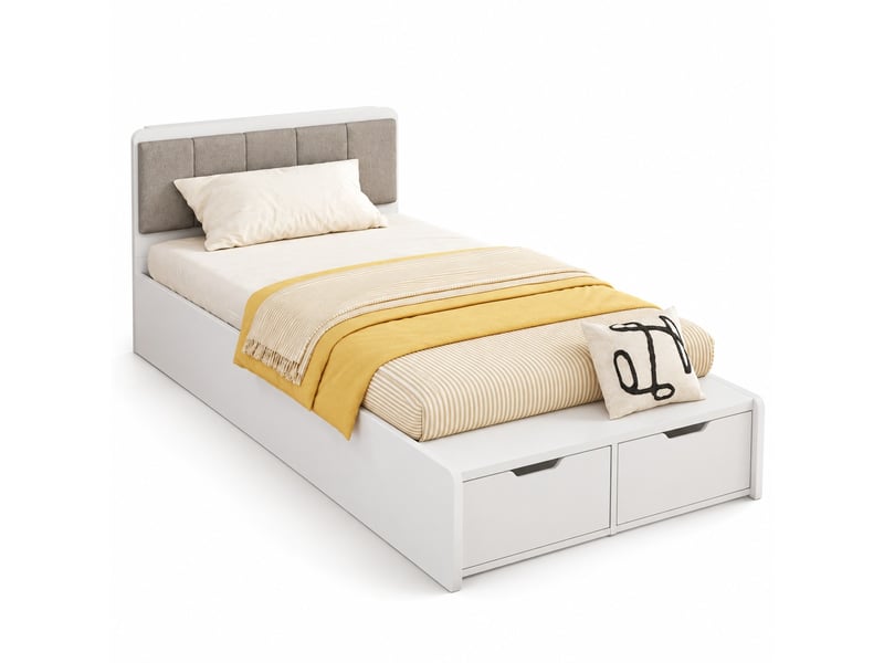  Lit jeune lit 90x200 cm lit capitonné avec 2 tiroirs de rangement lit enfant à lattes en bois lit simple blanc  - Conforama A