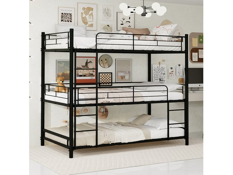  Lit superposé triple 90x190 cm en métal avec échelles intégrées noir  - Conforama D