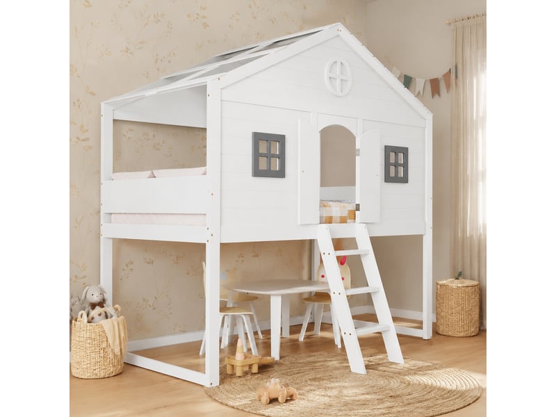  Lit mezzanine enfant 200×90 cm avec escalier, garde-corps et 2 fenêtres, sans matelas, blanc et gris  - Conforama B