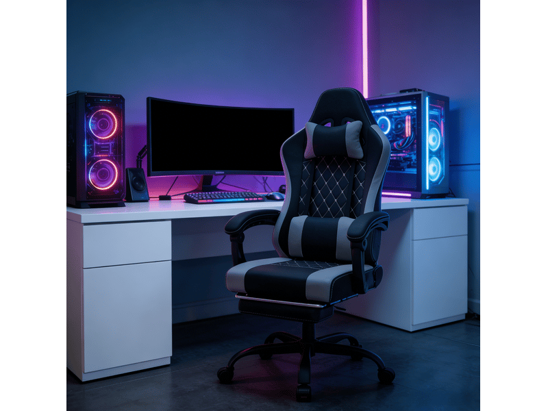  Chaise de bureau pivotante avec massage lombaire, appuie-tête et accoudoirs réglables en tissu mesh noir et gris  - Conforama C