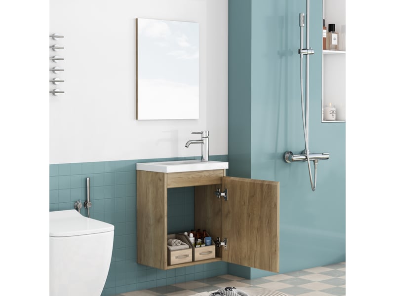  Meuble sous vasque mural avec vasque en céramique et miroir, façade sans poignée, charnières amorties, salle de bain, 40 cm  - Conforama C