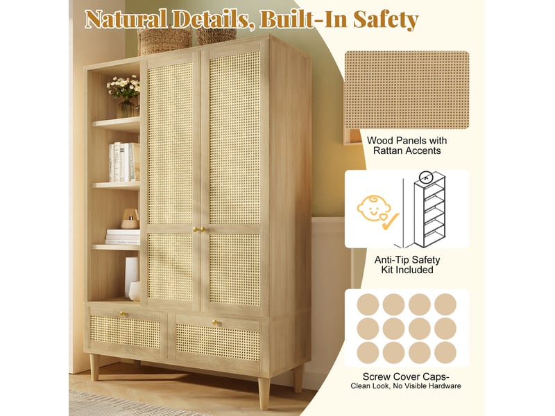  Armoire 2 portes style campagne – cannage en rotin, 2 tiroirs, 120 x 50 x 180 cm, chêne clair  - Conforama E