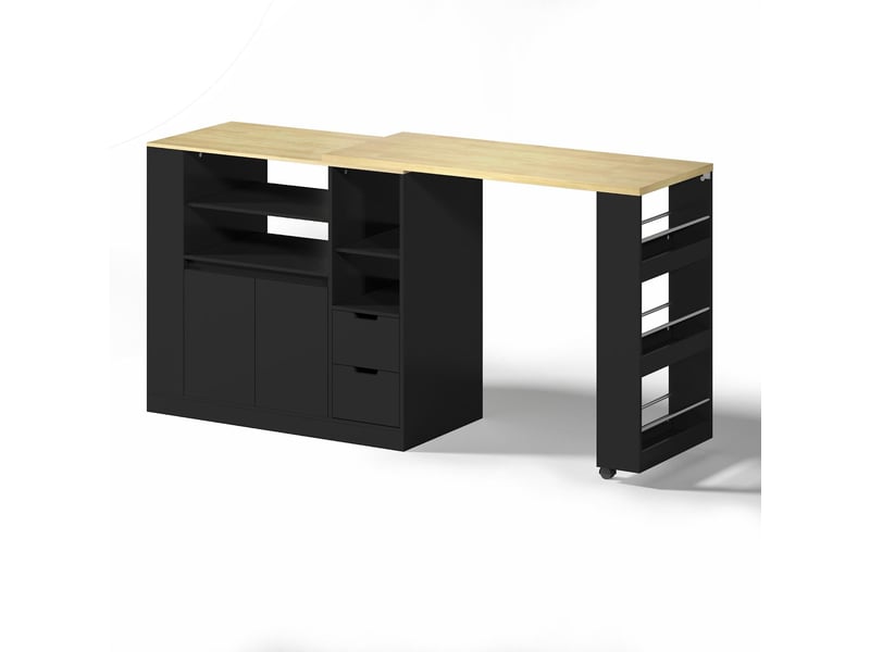  Îlot de cuisine avec plan de travail extensible mdf noir et naturel 115x50x92 cm - pangivo  - Conforama A
