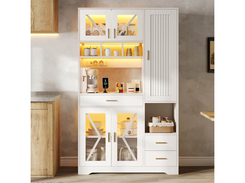 Meuble haut style grange 105 cm - étagères réglables, led changeante, prises - 185x105x40 cm - Conforama C