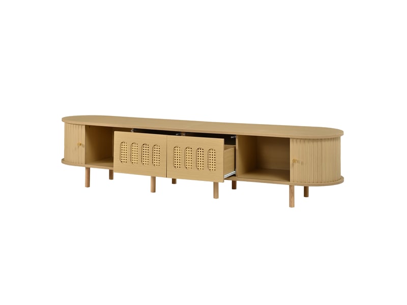  Meuble tv 180 cm en mdf bois clair, 2 portes et 2 portes à rideau, jusqu'à environ 75 pouces pour un salon rangé  - Conforama D