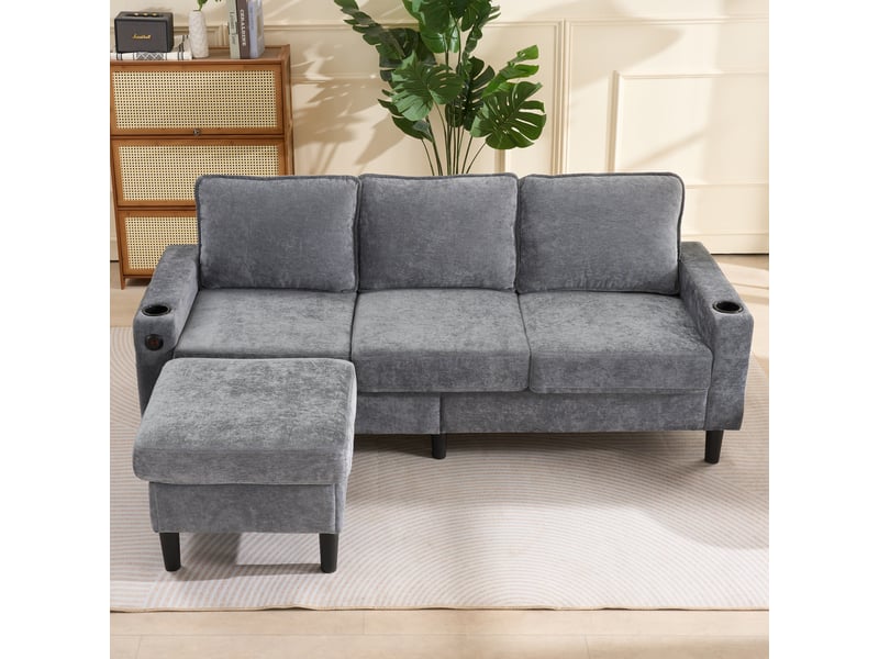  Canapé 3 places gris, canapé d'angle en lin avec ports usb et type-c, pouf modulable et porte-gobelets pour salon et appartement  - Conforama E