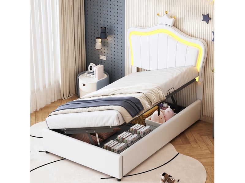  Modenvie lit coffre enfant 90x200 cm - avec led et rangement hydraulique, sans matelas - blanc  - Conforama B