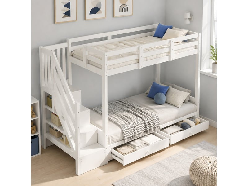 Lit superposé enfant blanc 90 x 200 cm avec escalier de rangement et 2 tiroirs  - Conforama D