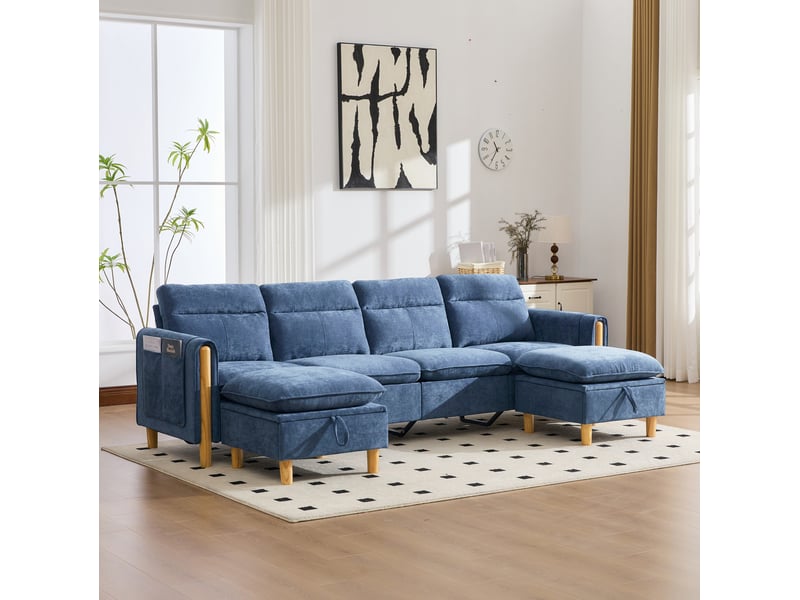 Canapé modulaire 4 places modenvie en tissu chenille bleu avec deux poufs et rangements, 261 x 77 x 86 cm - Conforama B