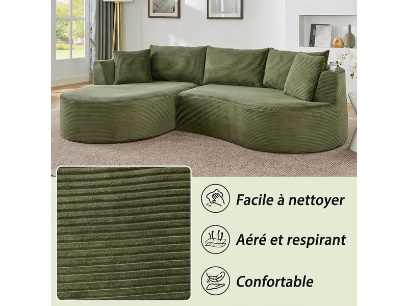  Canapé 3 places méridienne gauche design incurvé velours côtelé avec porte-gobelet vert  - Conforama W