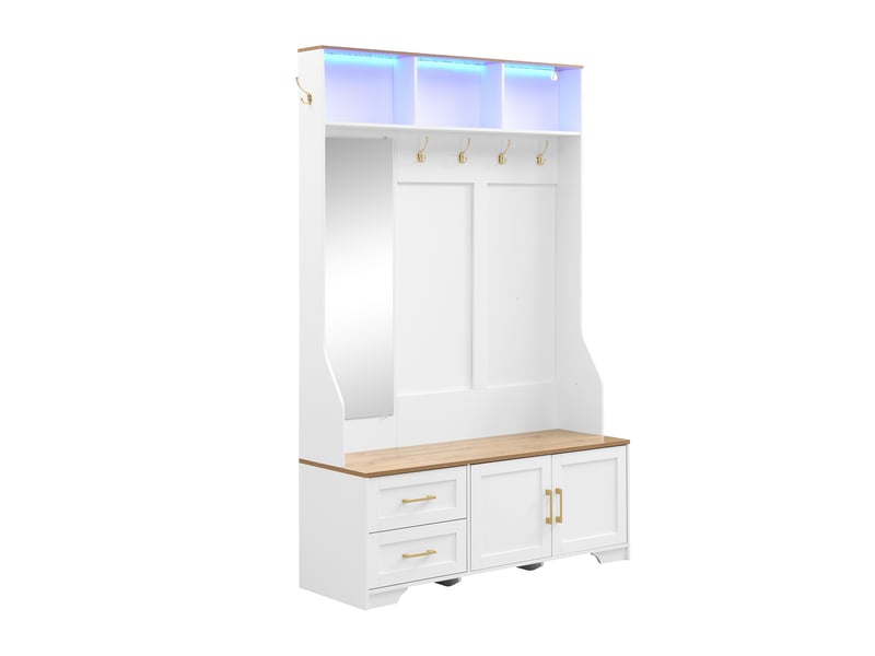  Meuble d’entrée multifonction moderne avec led, miroir, patères, tiroirs et banc de rangement  - Conforama A