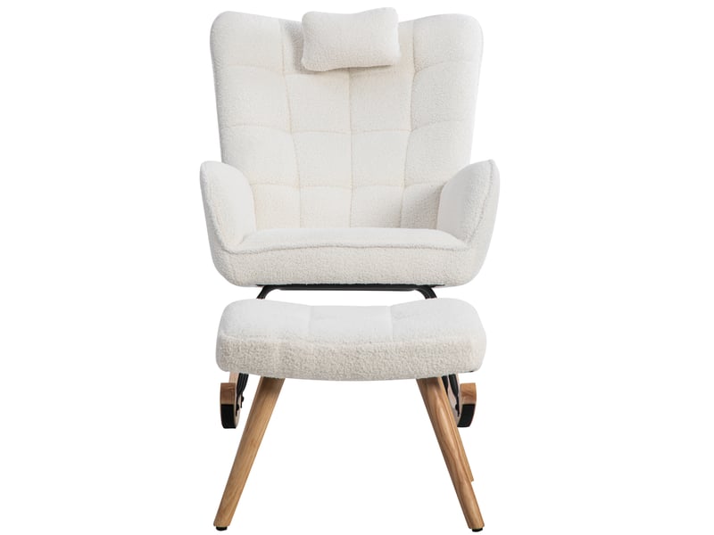  Fauteuil à bascule blanc ergonomique avec coussin tête et repose-pieds, cadre bois d'hévéa, charge 250 lbs, hauteur 92 cm, assise 67 cm  - Conforama A