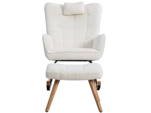 Fauteuil à bascule blanc ergonomique avec coussin tête et repose-pieds, cadre bois d'hévéa, charge 250 lbs, hauteur 92 cm, assise 67 cm
