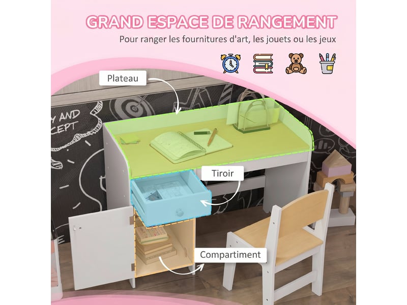  Bureau enfant avec chaise, table enfant avec tiroir, placard et large plateau, pour 3 à 6 ans, 80 x 39 x 59 cm, blanc  - Conforama D