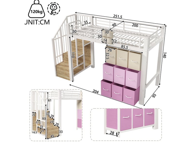  Elvmi lit mezzanine 90x200 cm en métal et mdf blanc, avec escalier de rangement, commode à tiroirs, penderie intégrée, garde-corps et poche textile, espace inférieur polyvalent, sommier inclus, sans matelas  - Conforama C