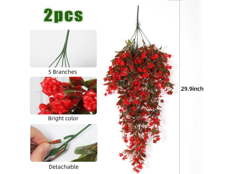  Lot de 2 plantes retombantes artificielles rouges avec fleurs et feuillage vert, décoration sans entretien résistante aux uv pour jardin et terrasse  - Conforama C
