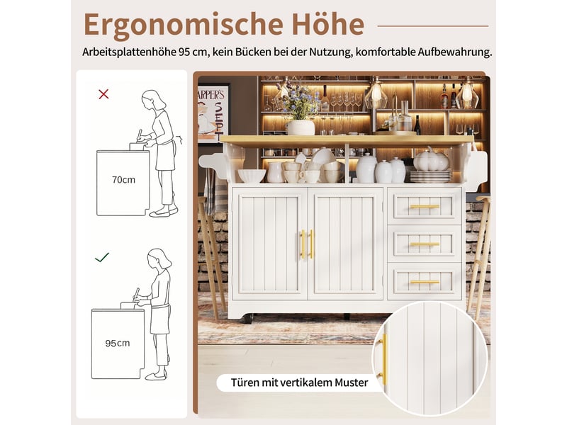  Îlot de cuisine mobile 120x40x95 cm avec plateau extensible, rangement, tiroirs, portes à motifs verticaux et table repas escamotable - blanc  - Conforama E