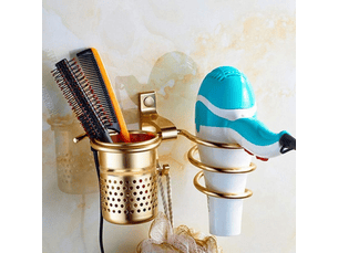 Support de sèche-cheveux pour salle de bain, étagère murale polyvalente, organiseur mural avec tasse (doré)