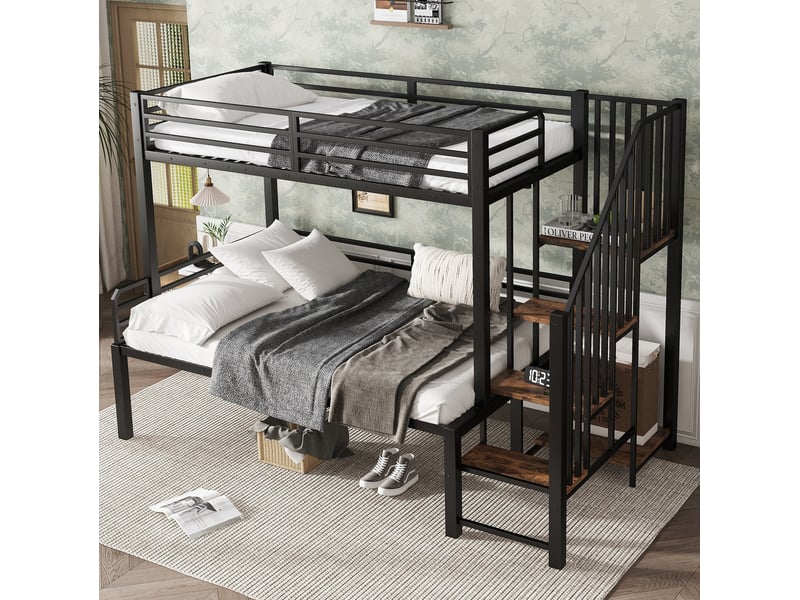 Lit superposé 90x200 et 120x200 cm en métal noir avec échelle à 4 marches et rangement - Conforama D