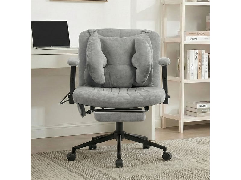  Chaise de bureau gaming grise en tissu, hauteur réglable, repose-pieds, roulettes et soutien lombaire ajustable  - Conforama E