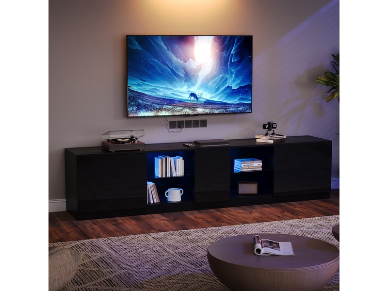  Meuble tv 160 cm noir brillant avec led - pour tv 65 pouces - 2 tiroirs et 1 porte  - Conforama R