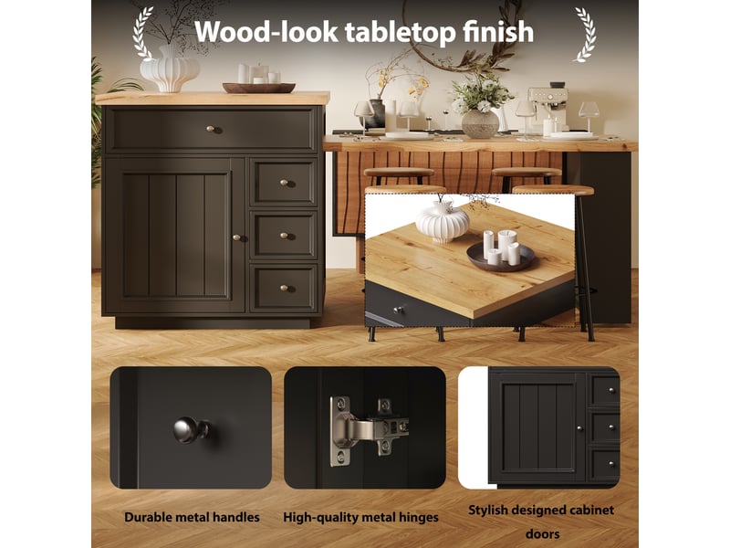 Îlot de cuisine extensible avec rangement et roulettes verrouillables - plateau aspect bois, mdf noir - Conforama C