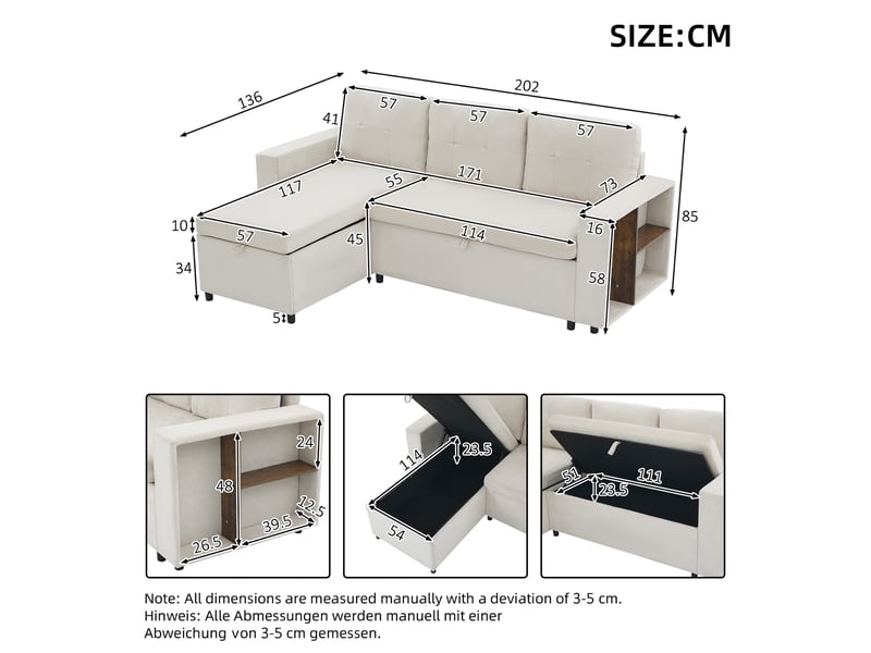  Canapé d'angle avec rangement,3 places,tablettes accoudoirs,en chenille,charge 120 kg,montage facile,beige,202x136x85 cm  - Conforama C