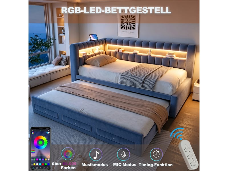  Lit banquette 90x190 cm gris foncé avec lit gigogne, tiroir, led et usb  - Conforama B