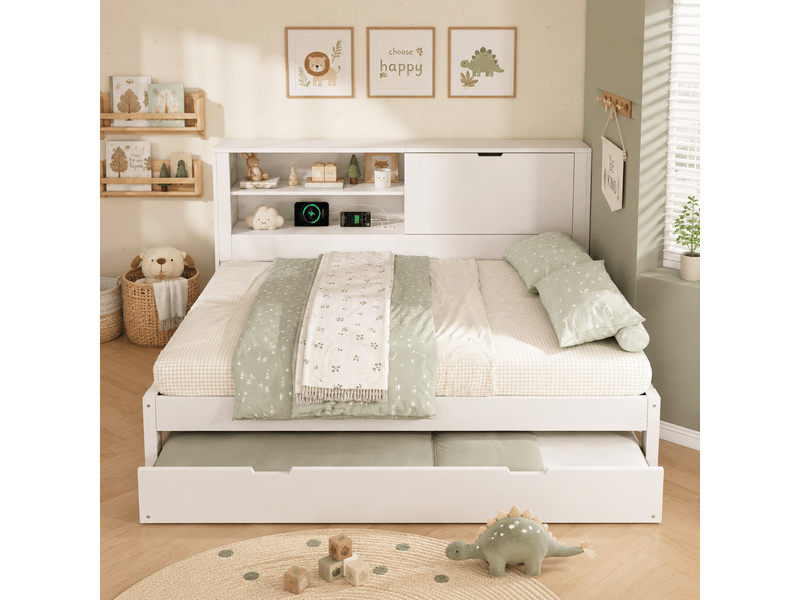  Lit banquette 140x190 cm avec lit gigogne 90x190 cm, rangement tête de lit, usb-c, étagères et coffre de rangement - blanc (sans matelas)  - Conforama D
