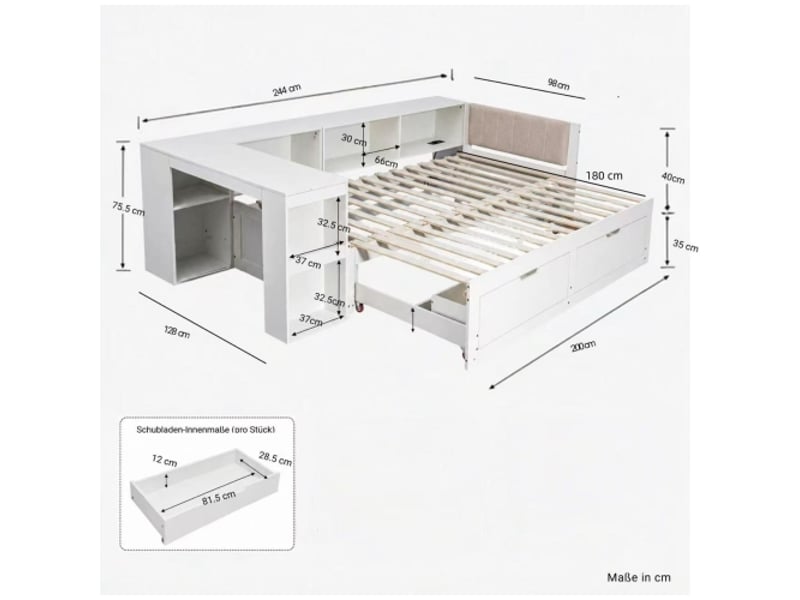  Lit 3-en-1 en l: bureau, rangement et couchage – boismdf, sommier à lattes, tiroirs sous-lit, étagères, tête rembourrée  - Conforama C