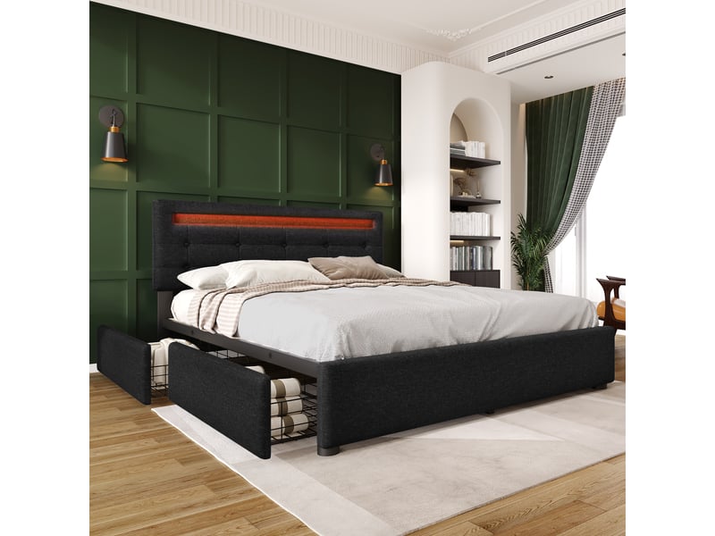  Lit avec têtes de lit led et 4 tiroirs en lin noir 140 x 200 cm  - Conforama D