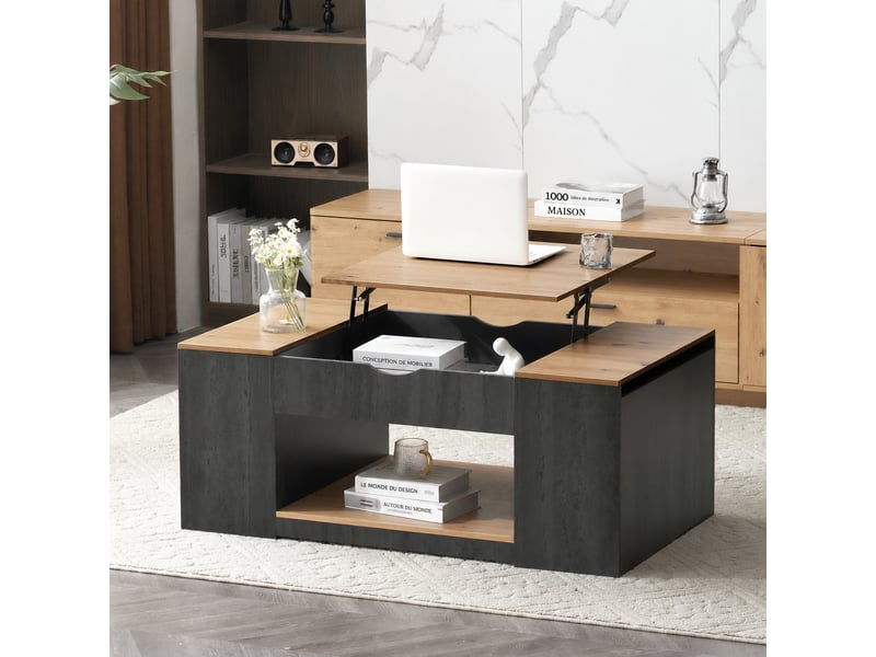 Table basse relevable avec rangement, 3 compartiments, 109,5 cm, gris et marron effet bois - Conforama C