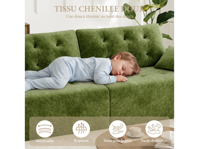  Canapé compressé modulable style nuage scandinave 275cm vert en chenille,mousse compressée haute densité,canapé doux pour salon 275x102x66CM - Conforama D
