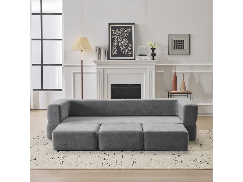  Canapé convertible modulable 3 places avec 3 repose-pieds, couchage et tapis de jeu en chenille gris  - Conforama E
