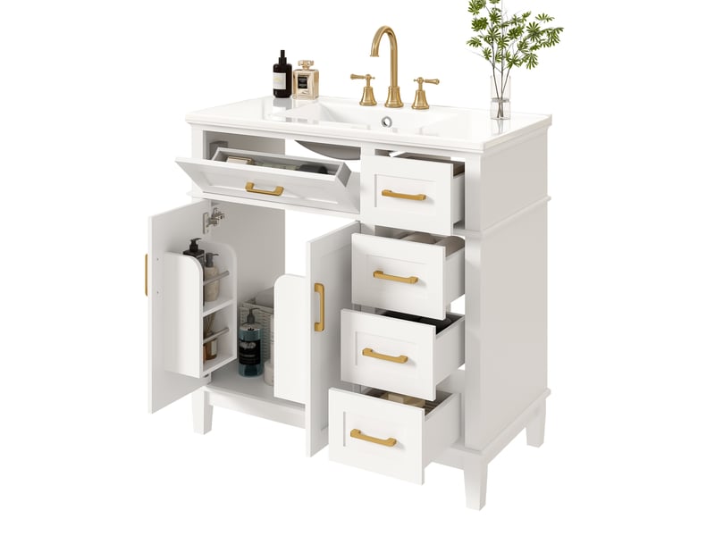  Meuble sous vasque avec 2 portes, 5 tiroirs et lavabo en céramique, blanc et poignées dorées, 90×46×87 cm  - Conforama A