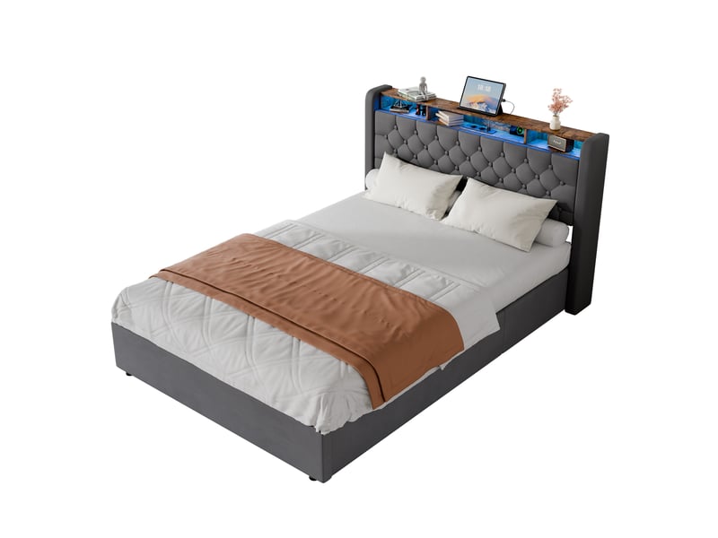  Lit coffre 140x190 cm avec led, étagère et usb gris evryae  - Conforama A