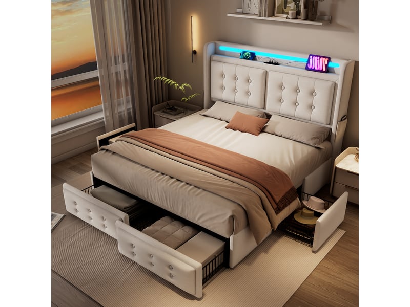  Lit coffre 140x200 cm avec matelas, led, usb-c, 4 tiroirs et sommier métal bois  - Conforama B