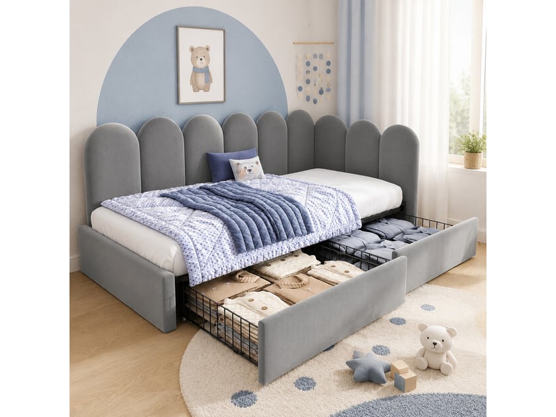  Lit simple 90x200 cm avec 2 tiroirs en velours gris  - Conforama D