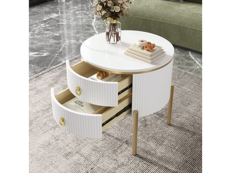  Table basse avec 2 tiroirs et pieds réglables, en mdf, blanc et or, 50 × 50 × 51 cm - uvrion  - Conforama B