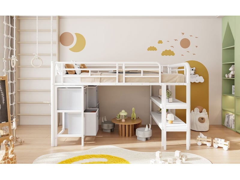 Lit mezzanine enfant 90x200 cm tiroirs et étagères - lit mezzanine - métal blanc avec marches larges et coins arrondis - Conforama B